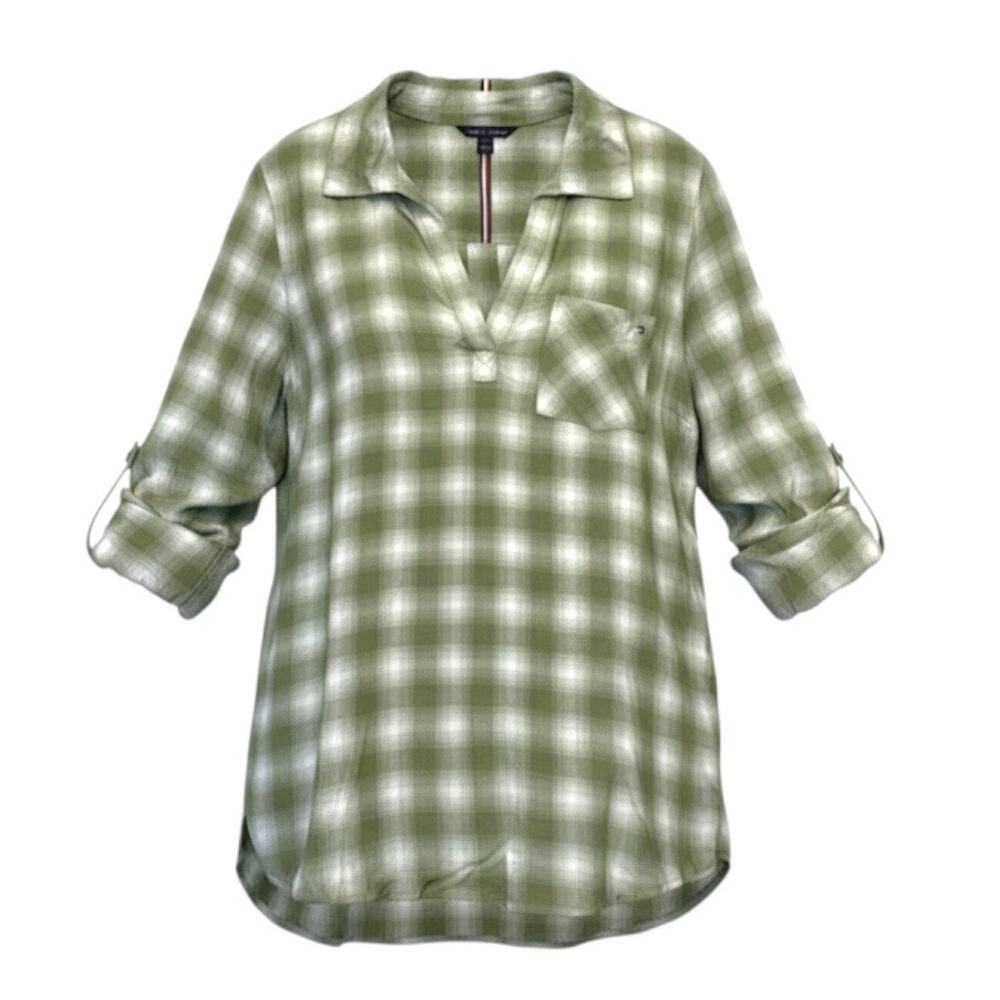 Tommy Hilfiger Women’s Plaid Tunic Blouse Medium Green V-Neck 100% Viscose